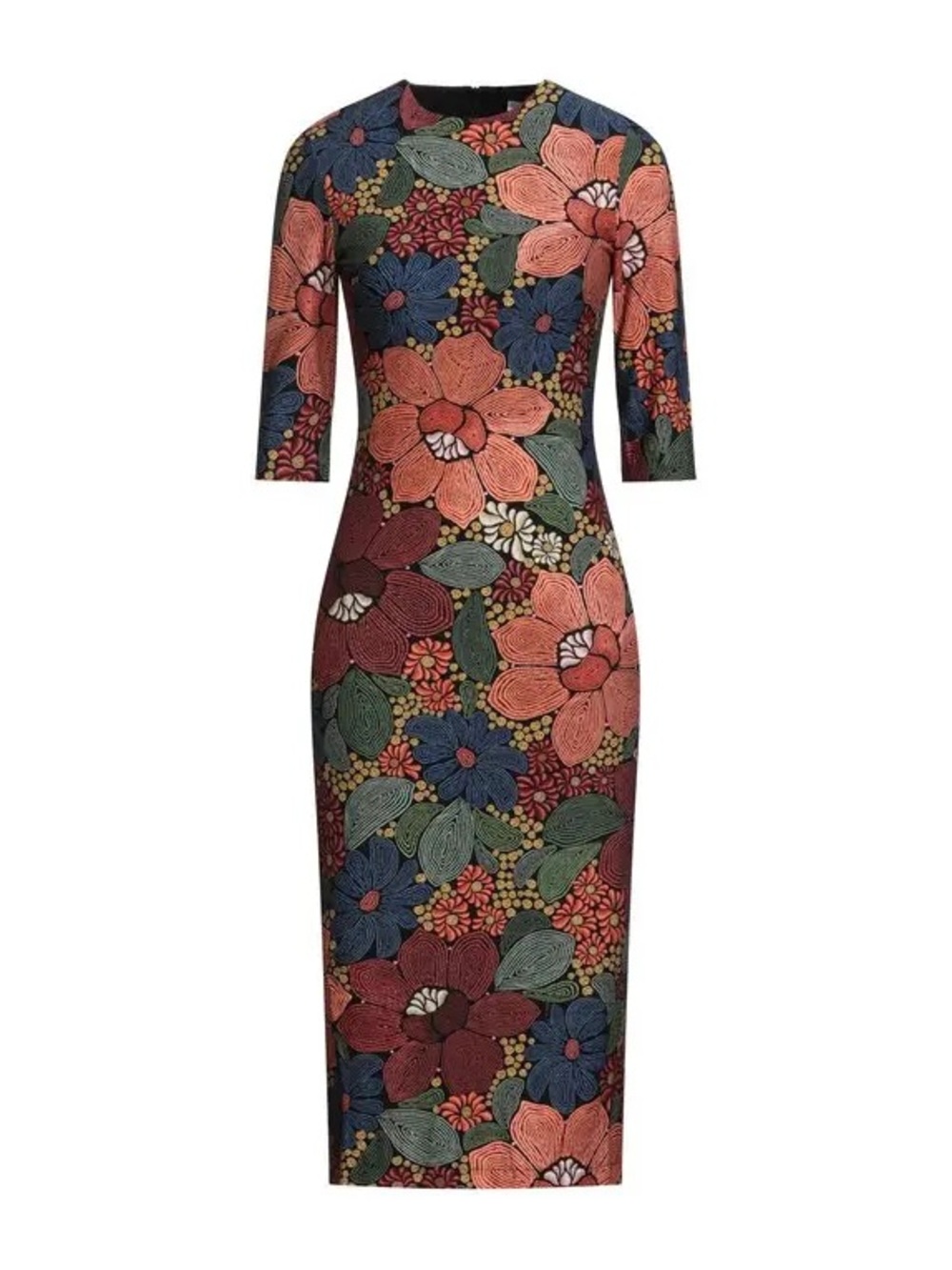 Farm Rio Floral Midi Sheath Dress in Coral and Navy